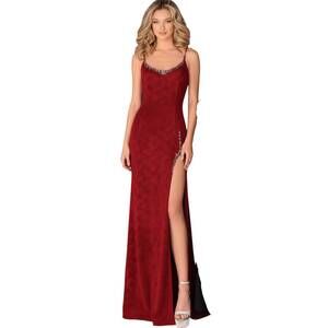 NEW CLARISSE beaded scoop shimmer velvet maxi dress in wine